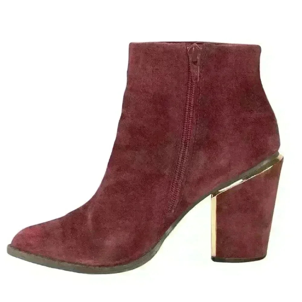 Aldo Burgundy Suede Ankle Boots Metallic Gold Chunky Heels  US 6.5 Date Night - Picture 8 of 16